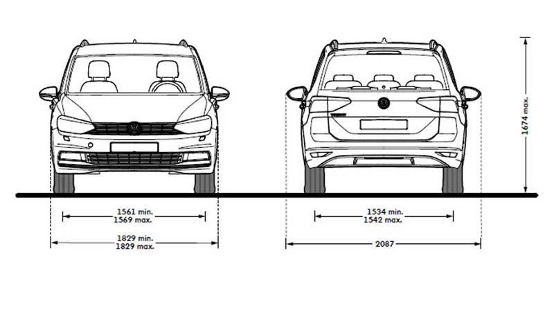 vw touran technické údaje pohled ze předu a ze zadu